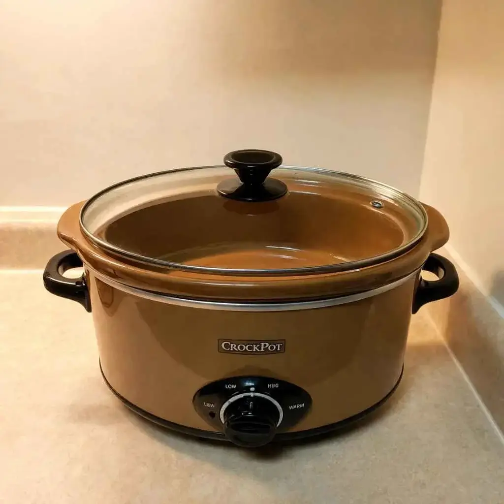 Slow cooker full of high protein spaghetti in creamy meat sauce with a wooden spoon