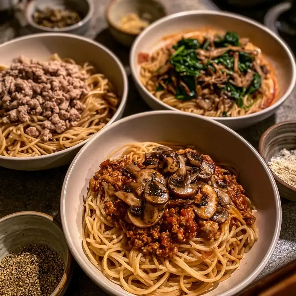 Three variations of high protein spaghetti with different proteins and dietary swaps