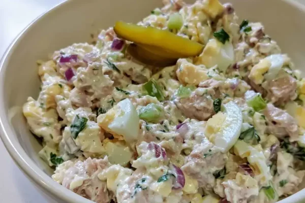 High protein tuna salad with no mayo in a bowl next to sourdough toast