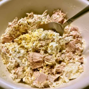 Stirring cottage cheese and Dijon into tuna for a no mayo high protein tuna salad
