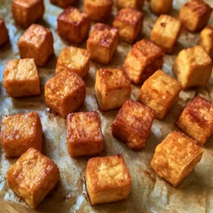 Golden crispy baked tofu cubes on a tray for a high protein vegan salad