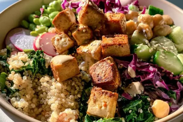 Overhead high protein vegan salad bowl with crispy tofu, edamame, quinoa, red cabbage and tahini dressing