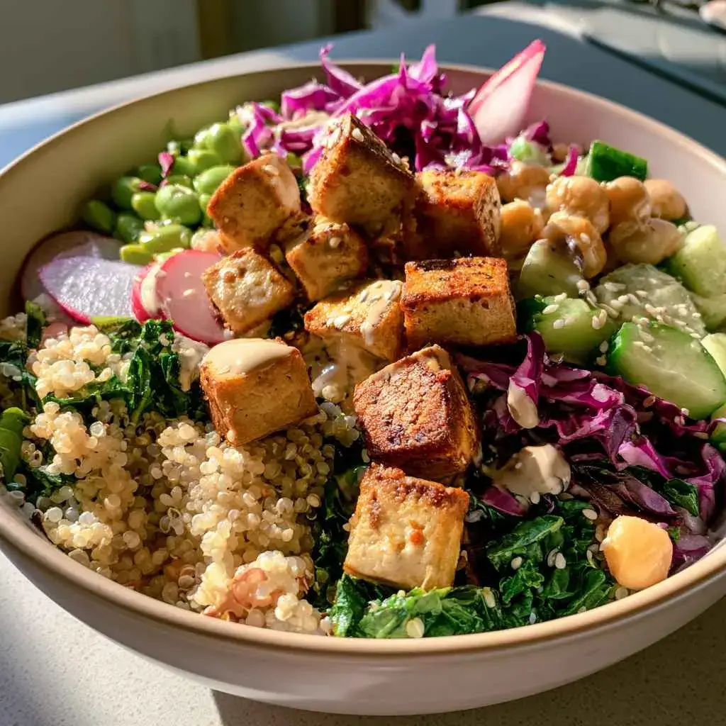 Overhead high protein vegan salad bowl with crispy tofu, edamame, quinoa, red cabbage and tahini dressing