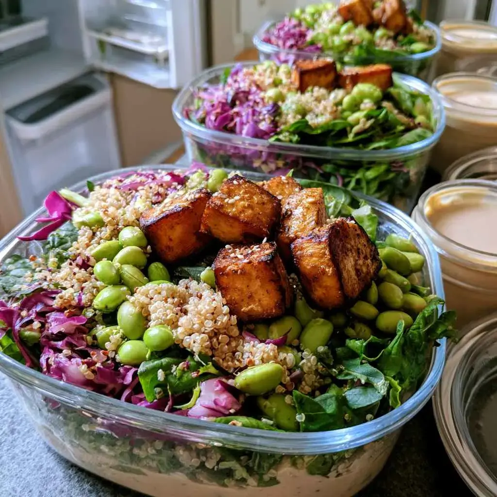 Four glass meal-prep containers of high protein vegan salad with tahini dressing on the side