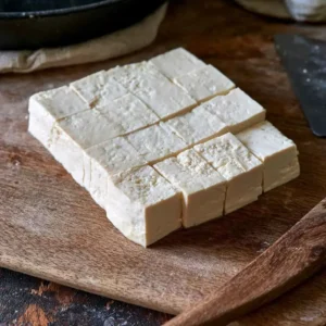 Pressing extra-firm tofu under a heavy pan for a high protein vegan salad