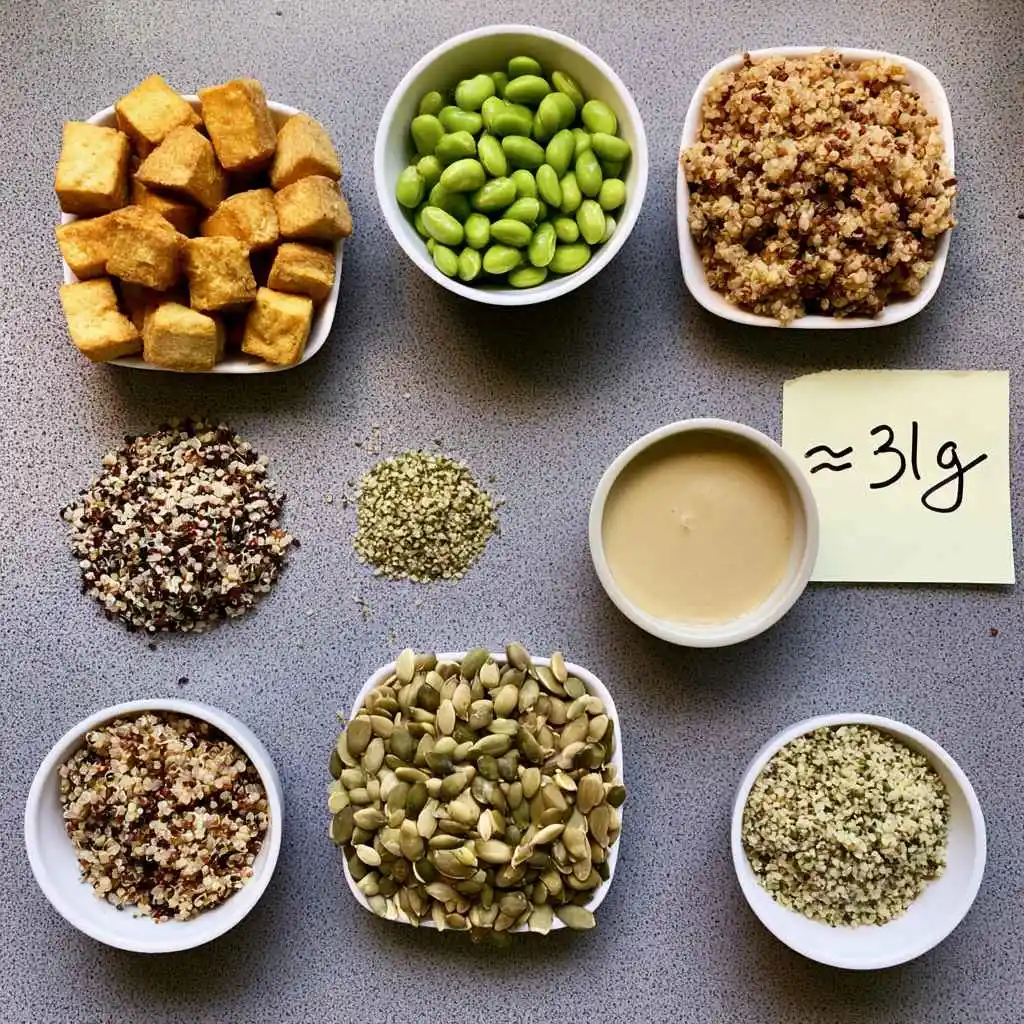 Protein ingredients for a high protein vegan salad laid out separately — tofu, edamame, quinoa, seeds and tahini
