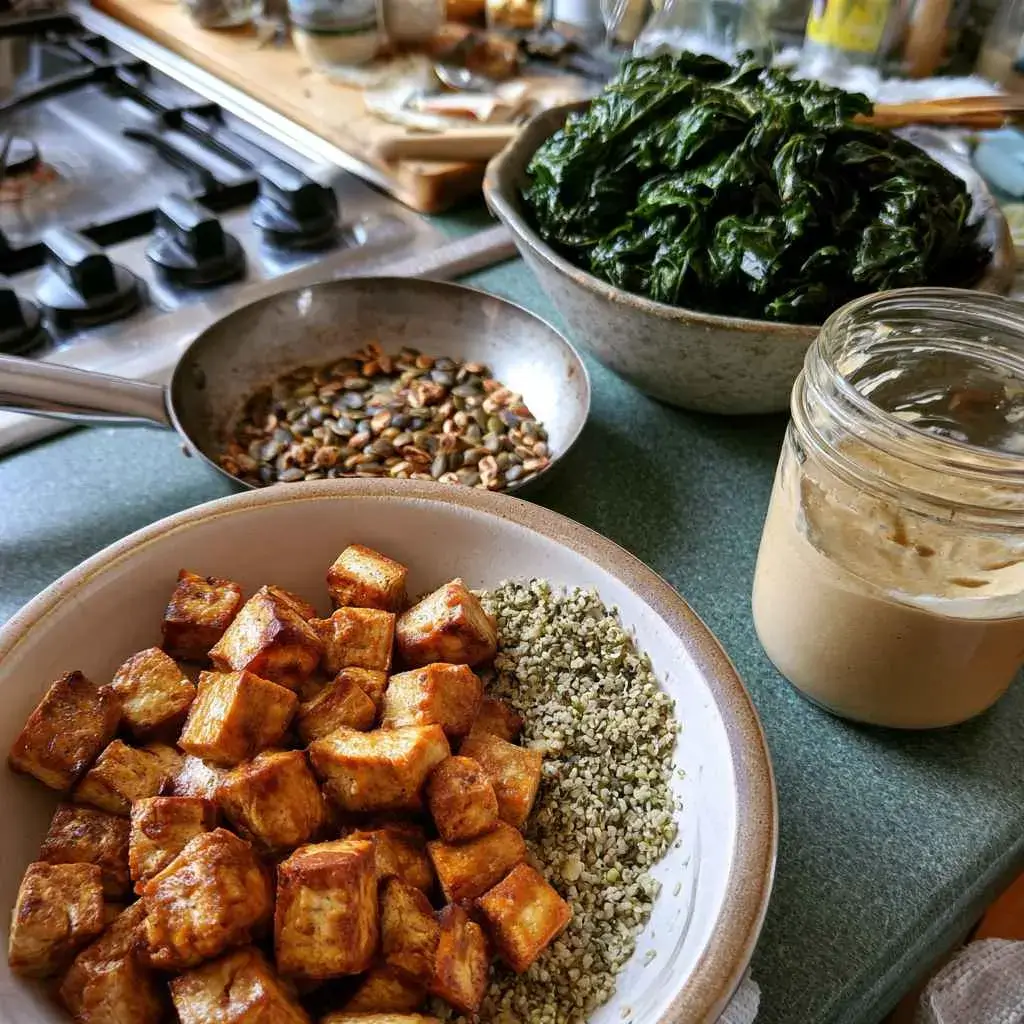 Tips for the best high protein vegan salad — crispy tofu, toasted seeds, massaged kale and tahini dressing