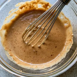 Whisking creamy tahini dressing in a bowl for a high protein vegan salad