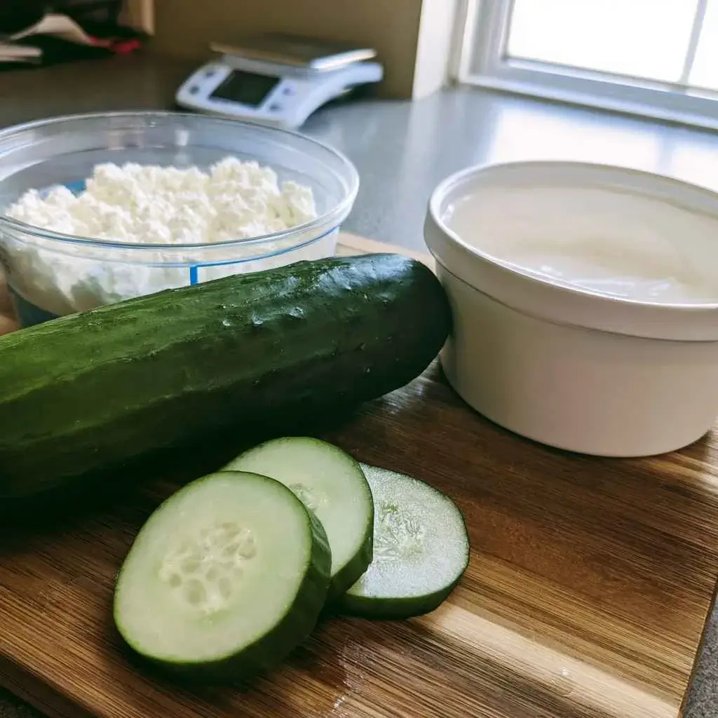 Cucumber next to cottage cheese and Greek yogurt showing where high protein cucumber salad gets its protein