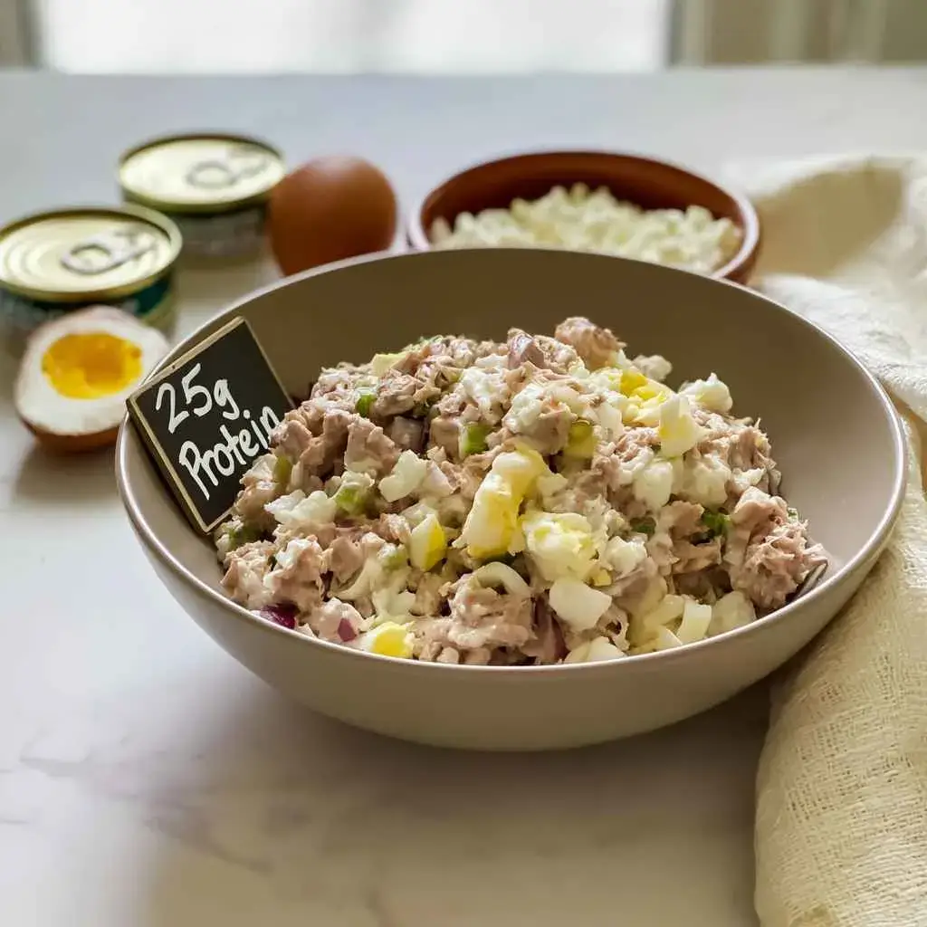Bowl of high protein tuna salad next to open tuna cans and a hard boiled egg showing 25g protein per serving