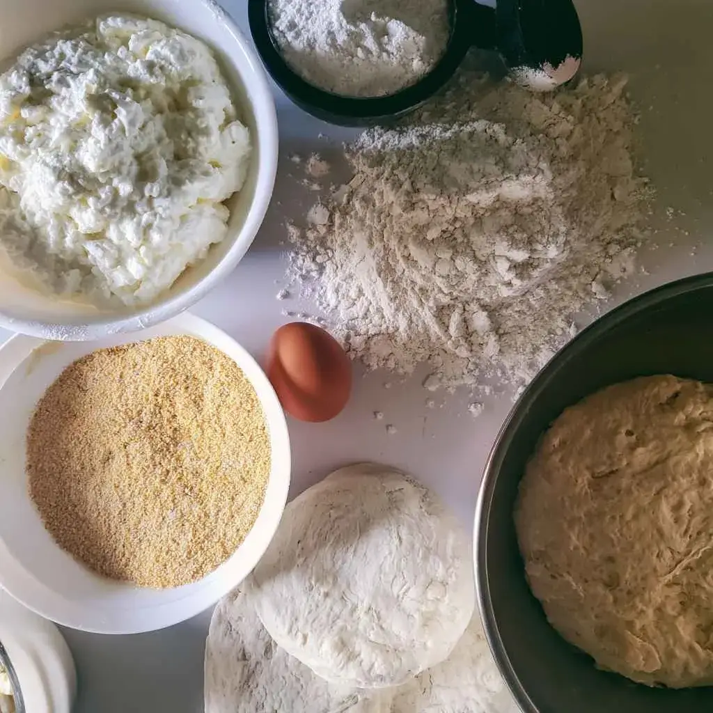 High protein english muffin ingredients and dough laid out on a counter, showing how to make them