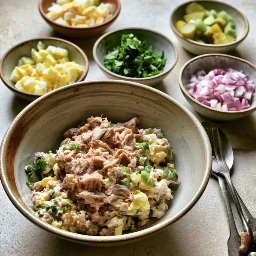 Making high protein tuna salad by folding albacore tuna with cottage cheese Dijon and fresh dill in a bowl
