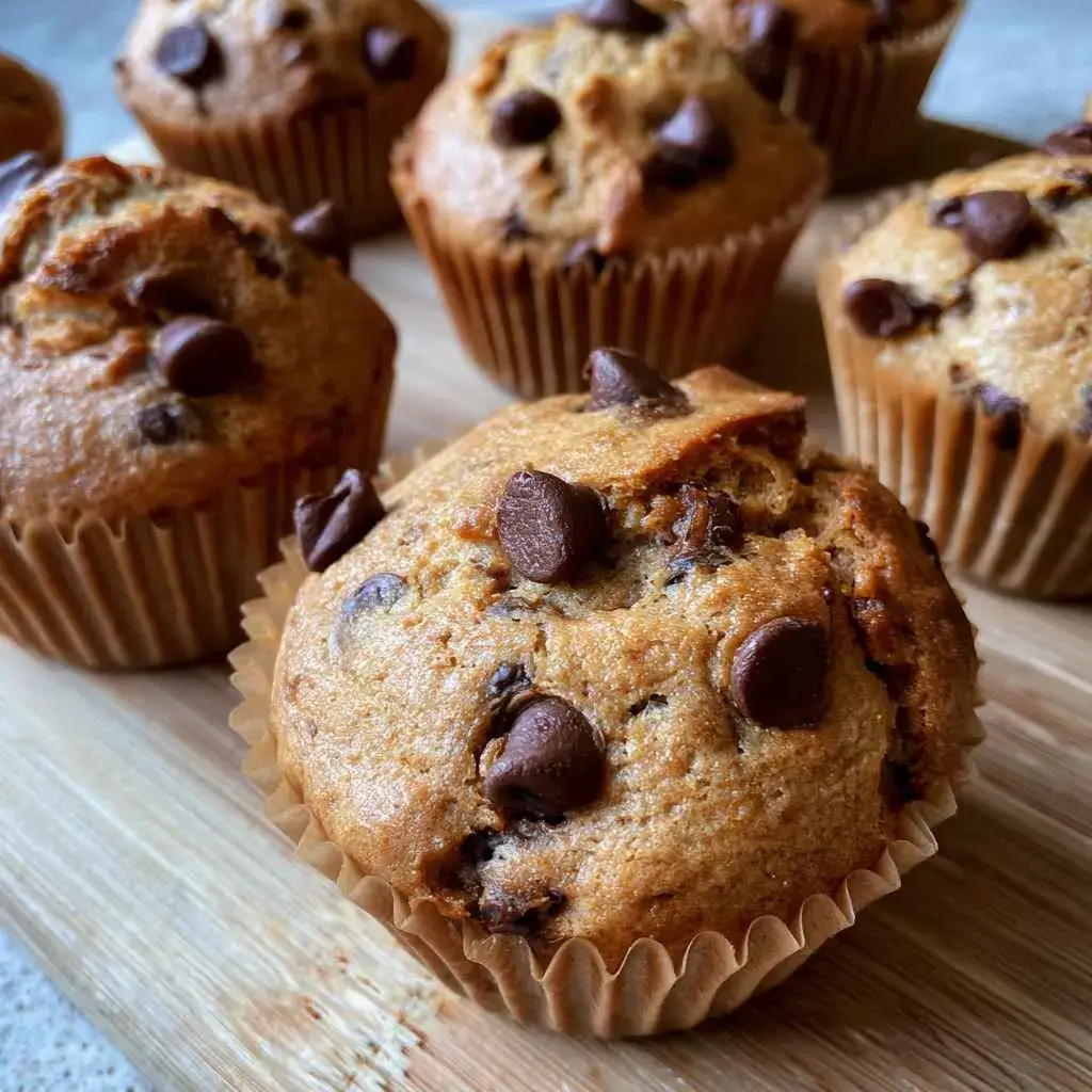 Protein chocolate chip muffins with melty chips, one broken open to show gooey chocolate and a soft crumb