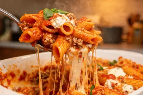 Cheesy baked protein penne pasta with a golden mozzarella top and fresh basil in a white dish
