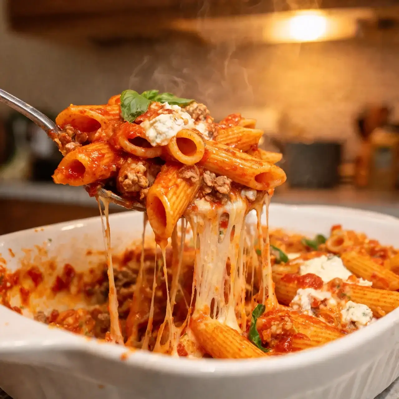Cheesy baked protein penne pasta with a golden mozzarella top and fresh basil in a white dish