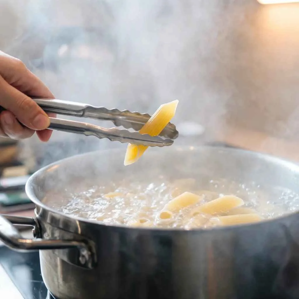 Testing protein penne pasta early with tongs so it doesn't overcook before baking