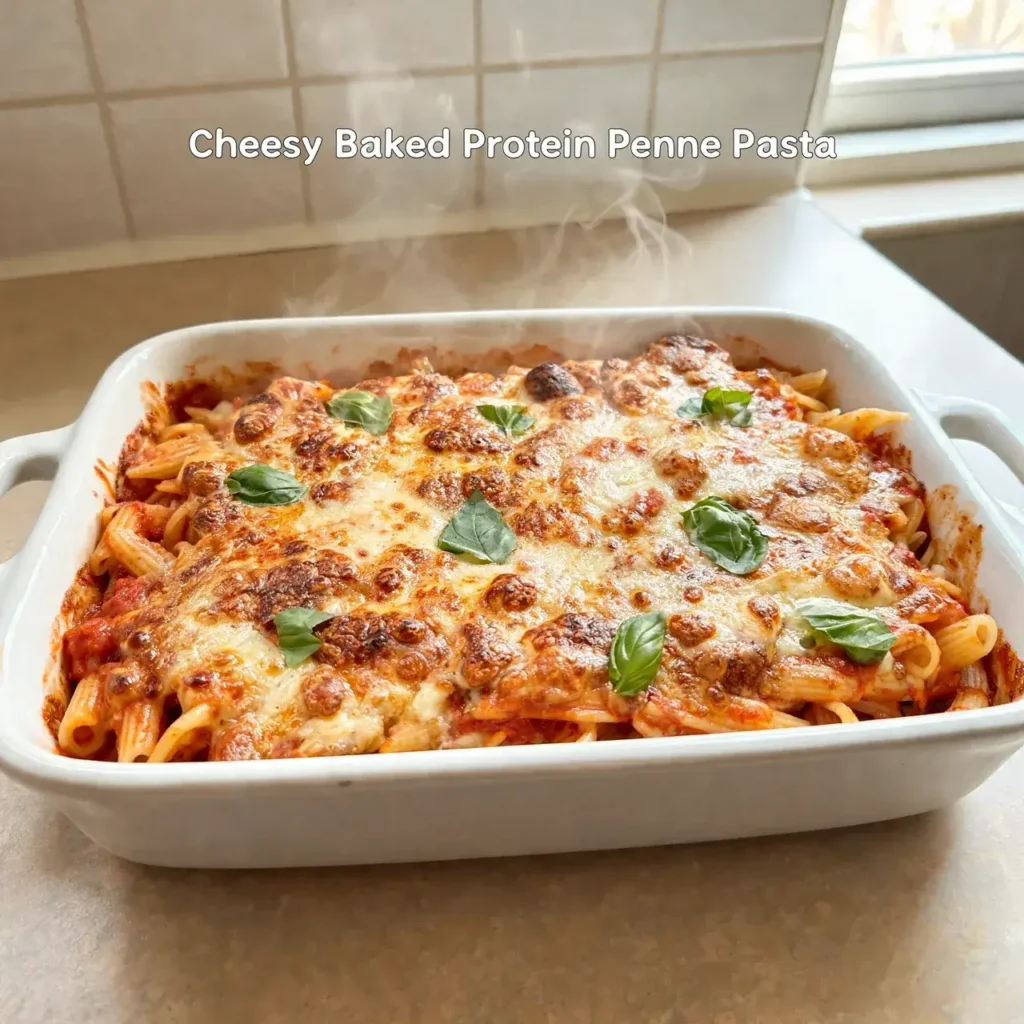 Family serving baked protein penne pasta from a shared dish at a cozy Sunday dinner table