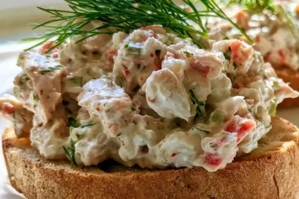 Bowl of creamy tuna salad with greek yogurt topped with fresh dill next to toasted sourdough