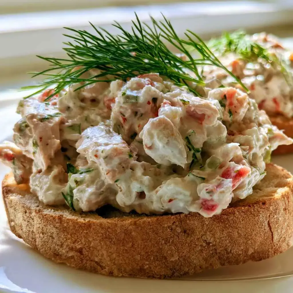 Bowl of creamy tuna salad with greek yogurt topped with fresh dill next to toasted sourdough