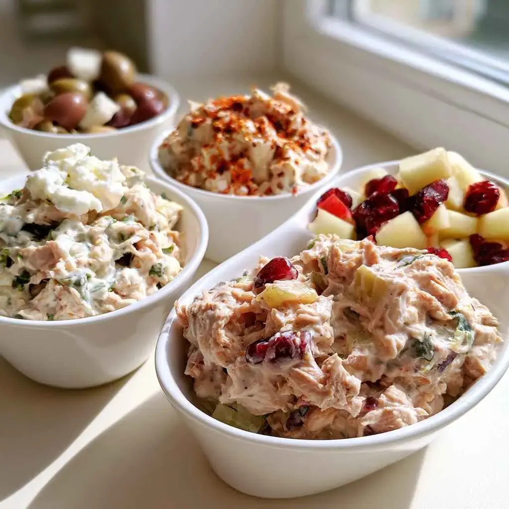 Three variations of tuna salad with greek yogurt: Mediterranean, spicy, and apple-cranberry