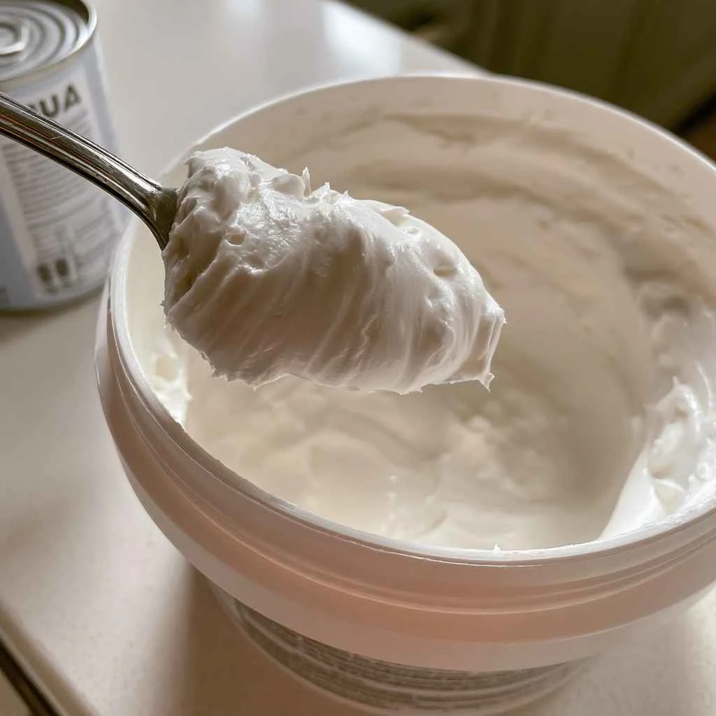 Thick plain Greek yogurt being scooped from a tub for tuna salad with greek yogurt