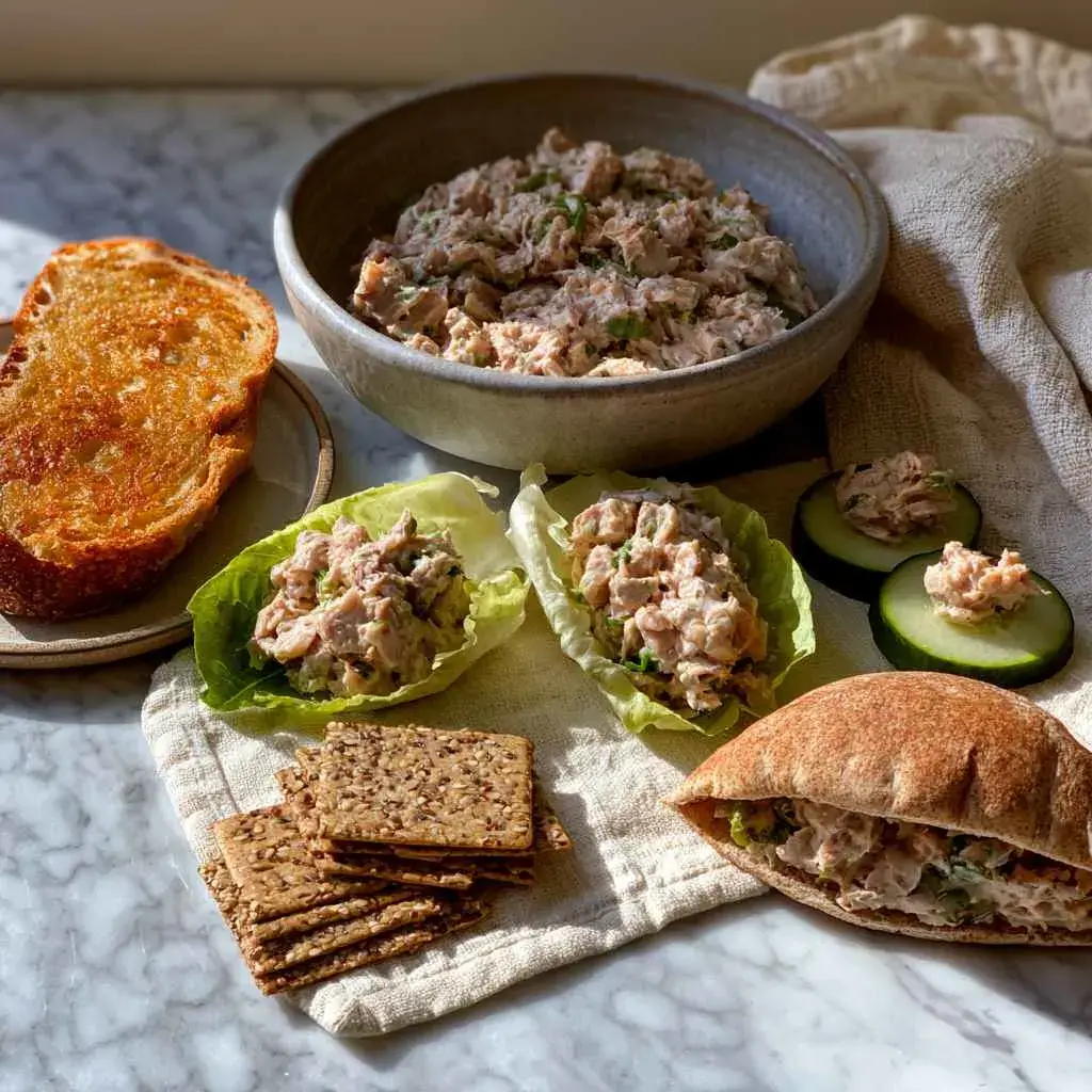 High protein tuna salad served five ways — on sourdough toast, in lettuce cups, on crackers, on cucumber rounds, and in a pita